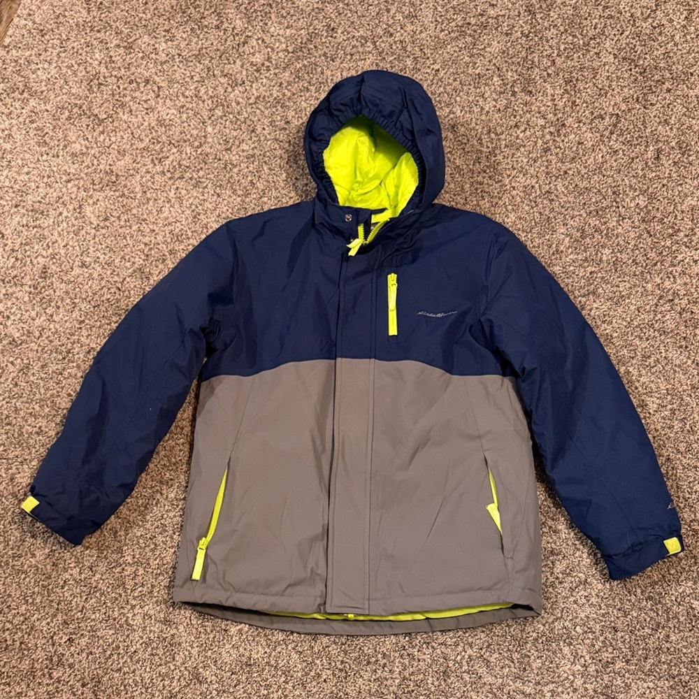 Eddie Bauer Kids Hooded Puffer Jacket - Navy, Gray, and Lime Green Size L 14